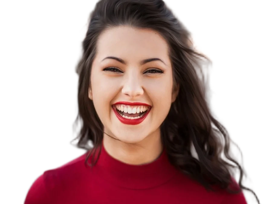A woman in a red shirt, before and after background removal