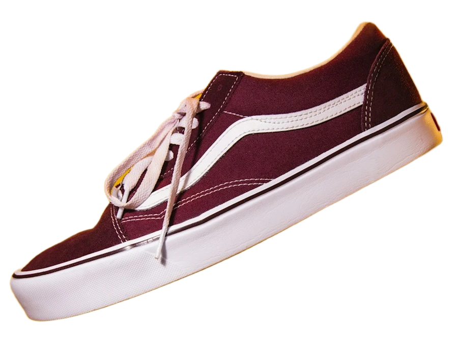 A burgundy sneaker, before and after background removal